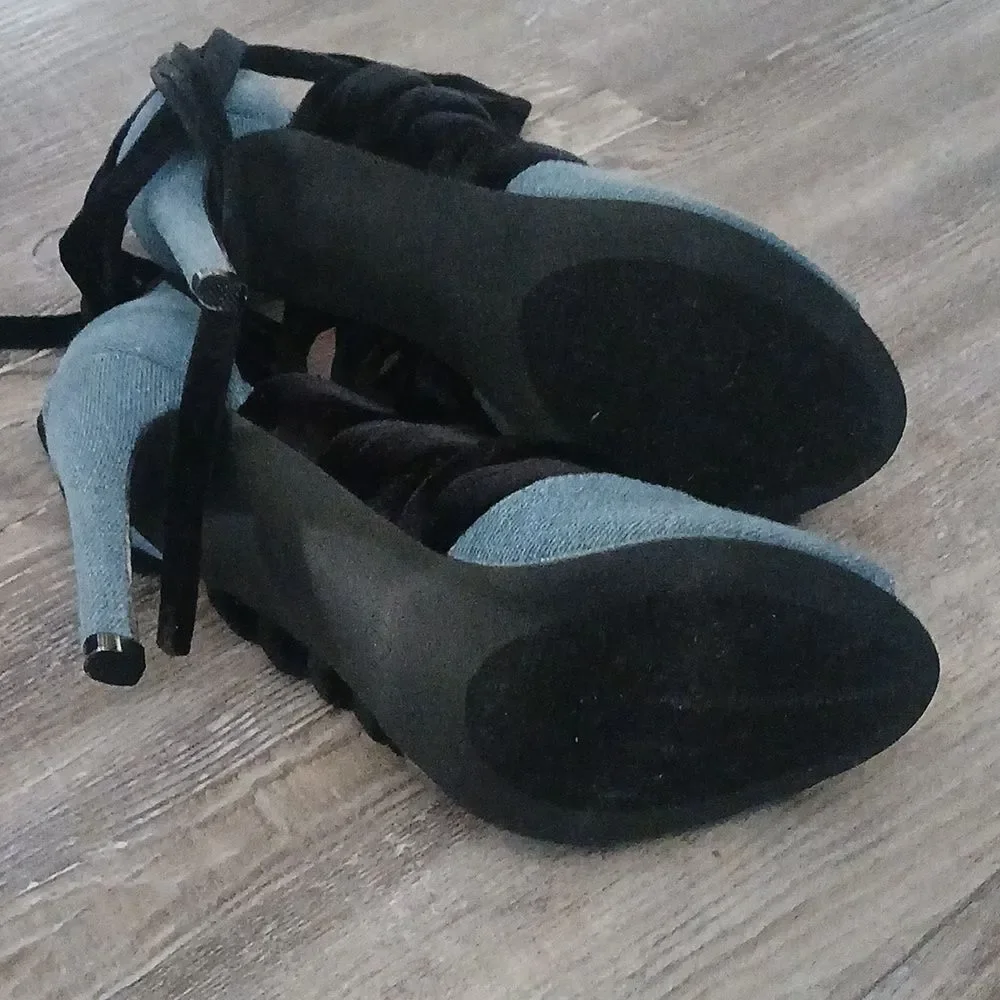 Cape Robbin Denim Black Peep Toe Ankle Straps Heels NWOT Sz 8